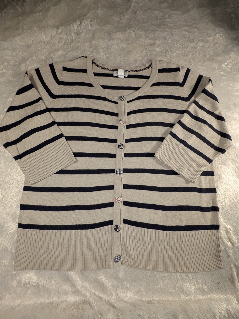 Christopher & Banks Tan and Navy Blue Striped With Cute Floral Buttons Cardigan